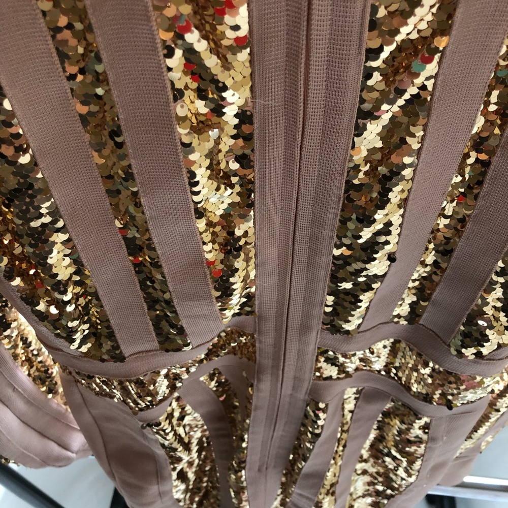 gold sequins over nude/blush mini dress